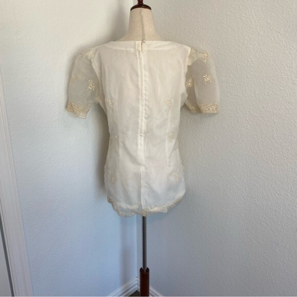 Formal Bridal 2 Piece Ivory Embroidered Sheer Vintage Top Midi Skirt Unique SZ L - Picture 3 of 11